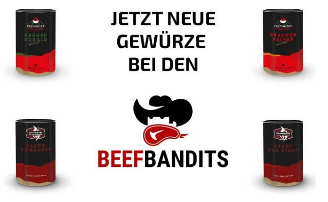 Auswahl aus dem Beefbandits Gewürze-Angebot mit dem Firmenloge in der Mitte.