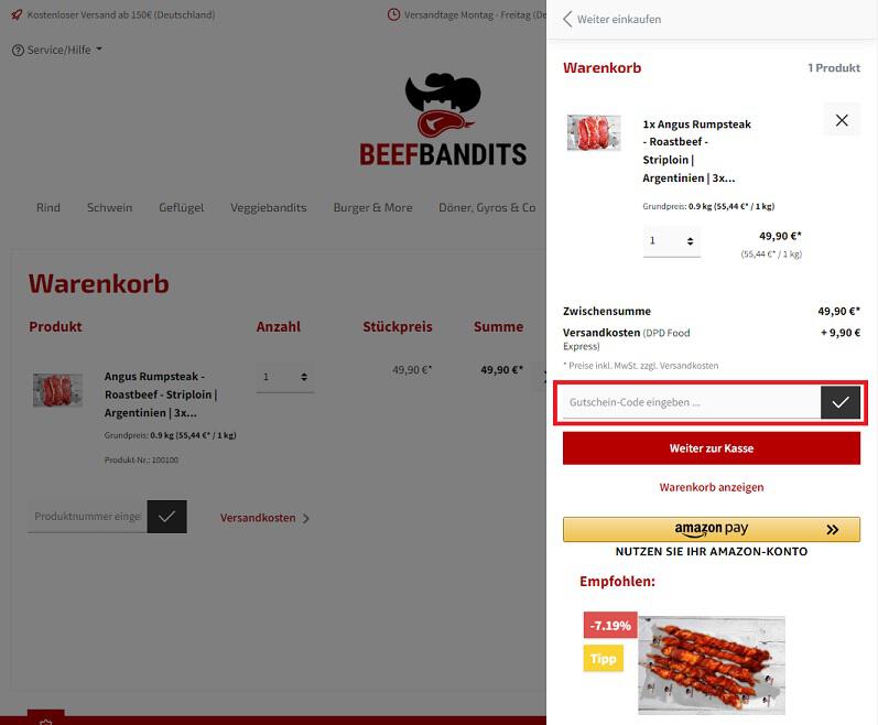 Screenshot aus dem Warenkorb, wo der Beefbandits Gutschein eingelöst wird