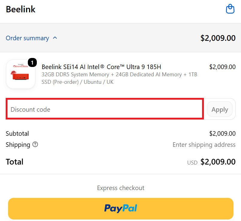 Beelink discount code box during payment process
