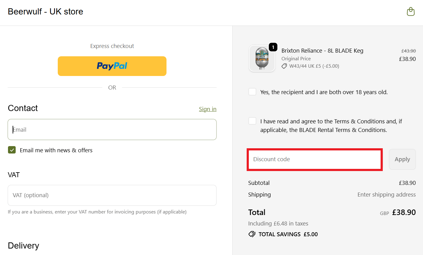 Beerwulf discount code box in shopping cart