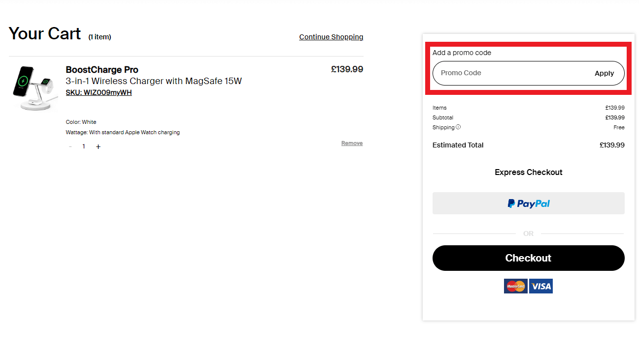 Belkin discount code box in shopping basket