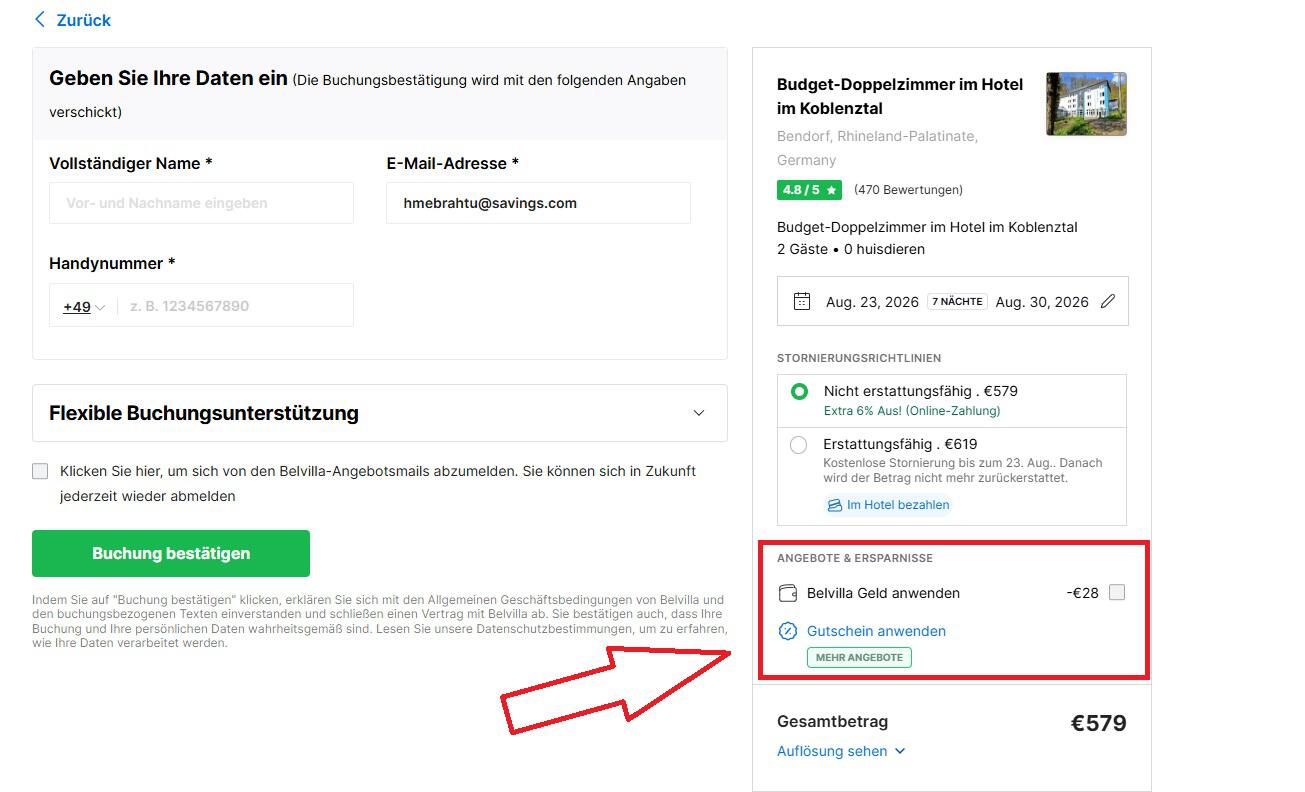 Warenkorbansicht im Buchungsportal mit Eingabefeld für Belvilla Gutscheine