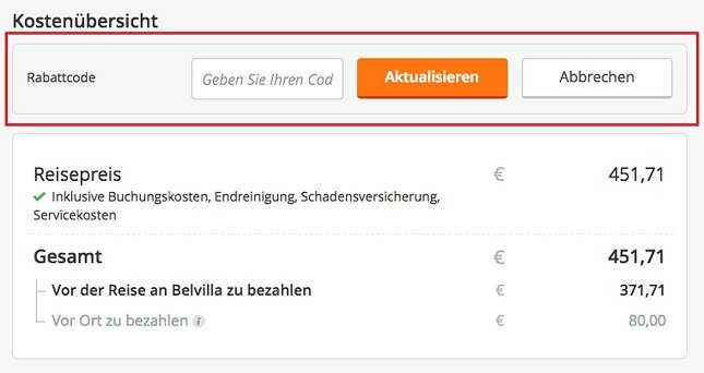 Warenkorbansicht im Buchungsportal mit Eingabefeld für Belvilla Gutscheine
