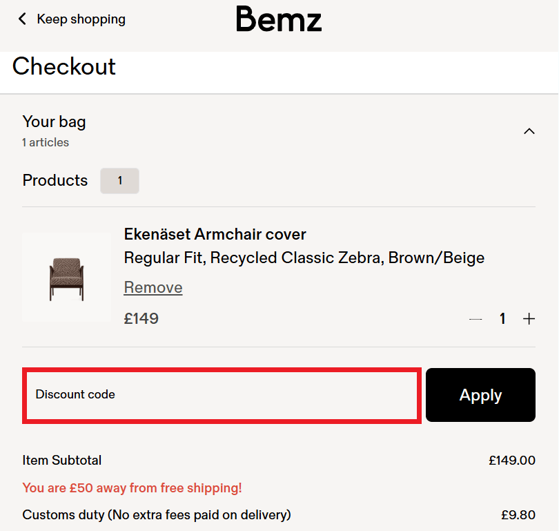Bemz discount code section in shopping bag