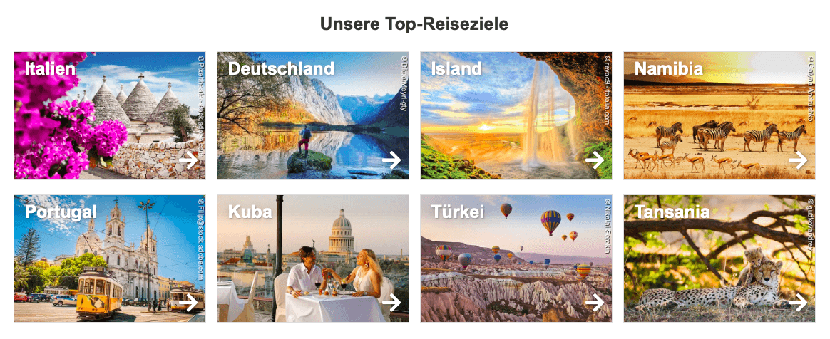 Vorschau auf bei Berge & Meer buchbare Länder: Italien, Deutschland, Island, Namibia, Portugal, Kuba, Türkei und Tansania