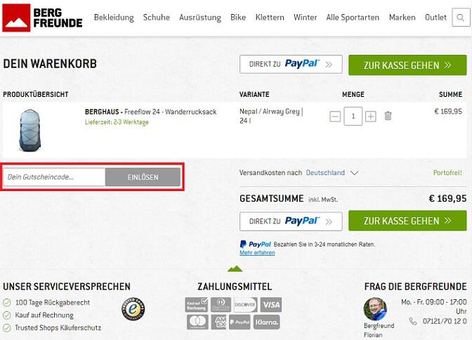 Screenshot aus dem Warenkorb mit Hinweis darauf, wo du den Bergfreunde Gutschein einlösen kannst