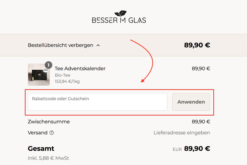 Warenkorb-Screenshot mit Eingabefeld für deinen Besser im Glas Gutschein