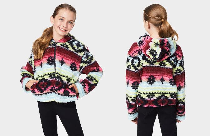 Patterned Faux Sherpa Zip-Front Hoodie
