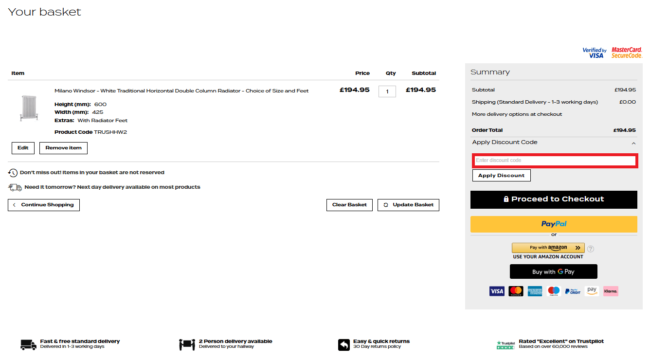 Best Heating discount code box in shopping basket image