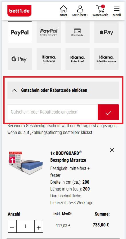 Eingabefeld für den bett1 Gutschein beim Bestellabschluss