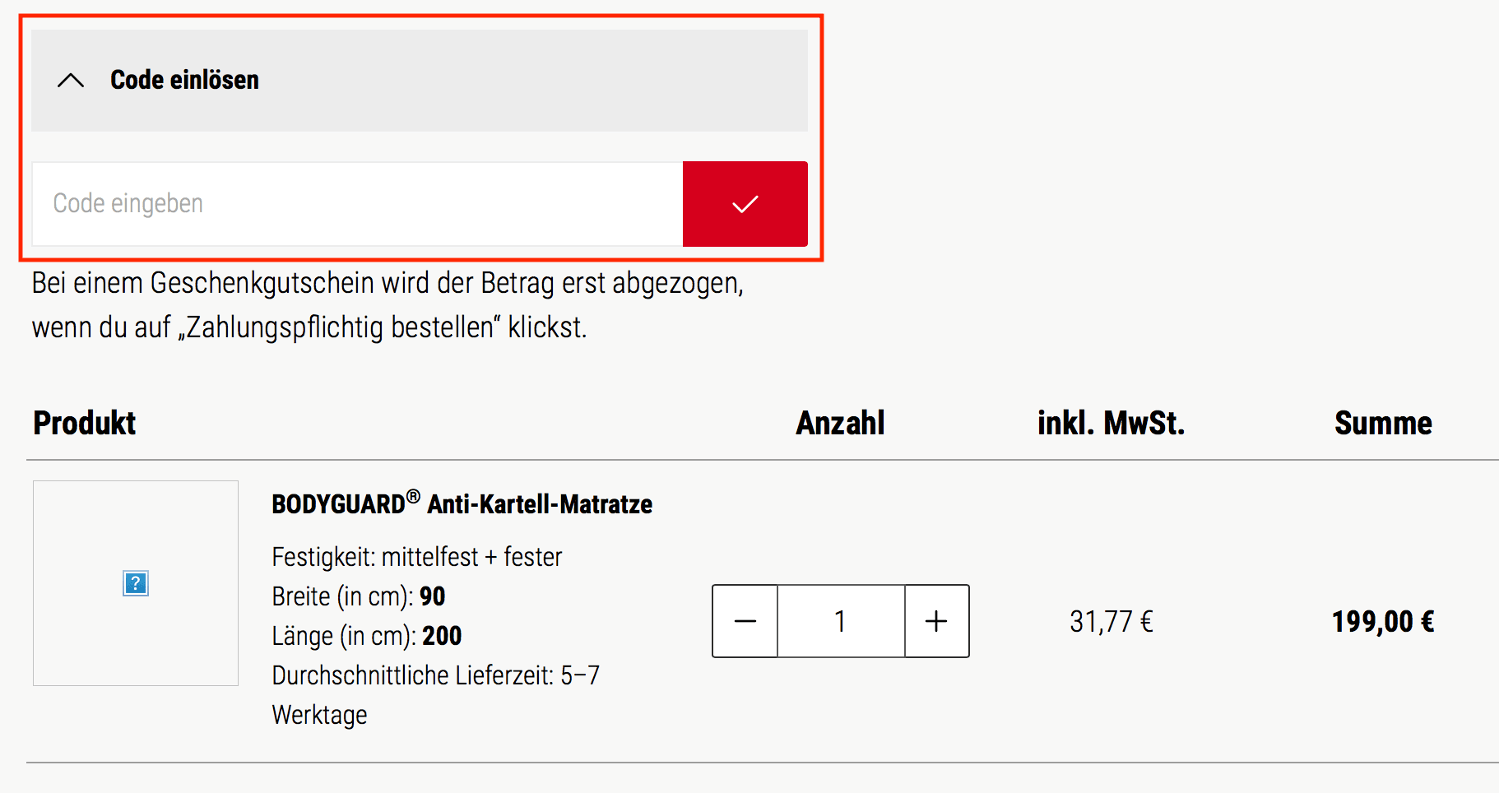 Eingabefeld für den bett1 Gutschein im Warenkorb