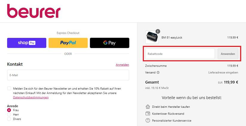 img: beurer-gutschein-anwenden / alt: Screenshot aus dem Warenkorb mit Hinweis darauf, wie du den Beurer Gutschein anwenden kannst.
