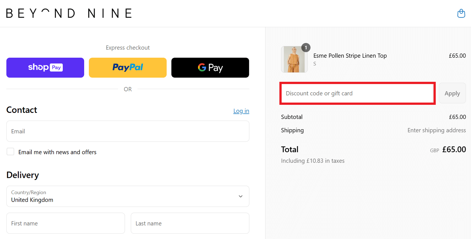 Beyond Nine discount code box in shopping bag