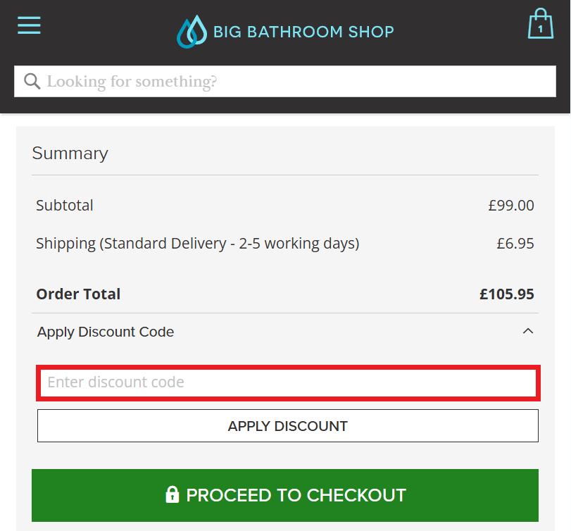 Big Bathroom Shop discount code redemption box image