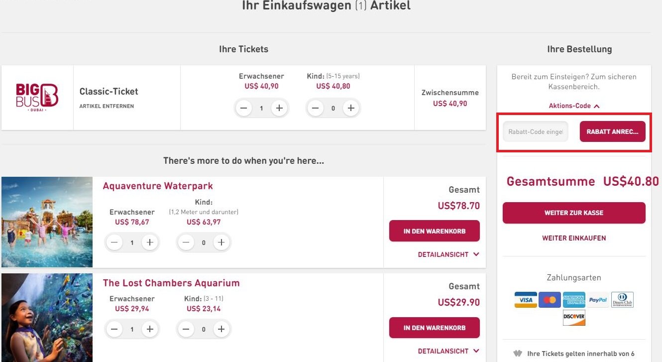 Big-Bus-Tours-Gutschein einlösen im Eingabefeld des Warenkorbs