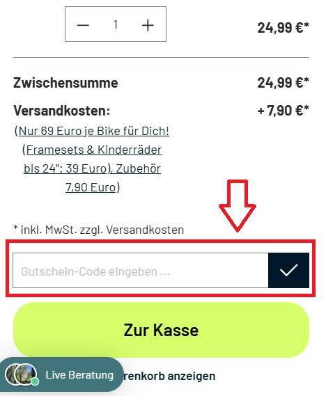Eingabefeld für deinem Bike-Angebot Gutschein im Warenkorb