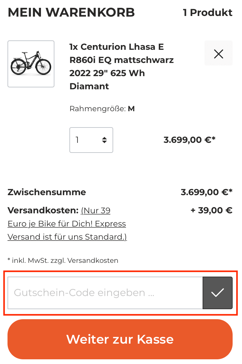 Eingabefeld für den Bike-Angebot Gutschein im Warenkorb
