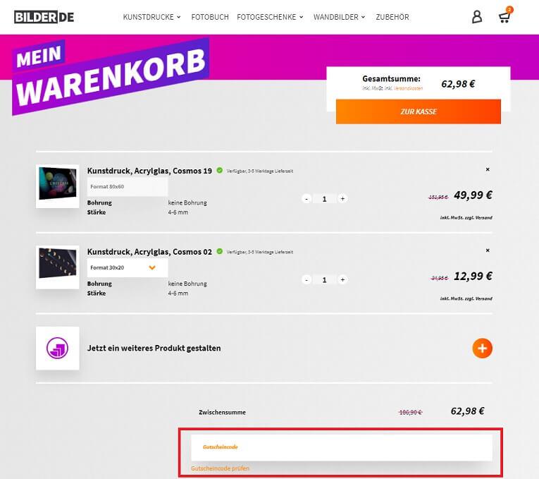 Screenshot aus dem Warenkorb mit Hinweis darauf, wo du deinen Bilder.de Gutschein einlösen kannst