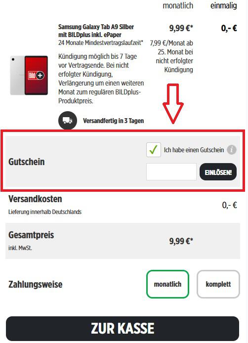 Bildplus-Gutschein im Warenkorb einlösen
