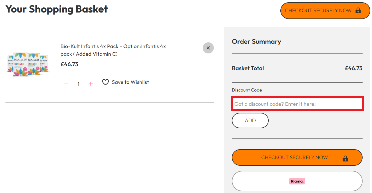 bio-kult discount code redemption box in shopping basket
