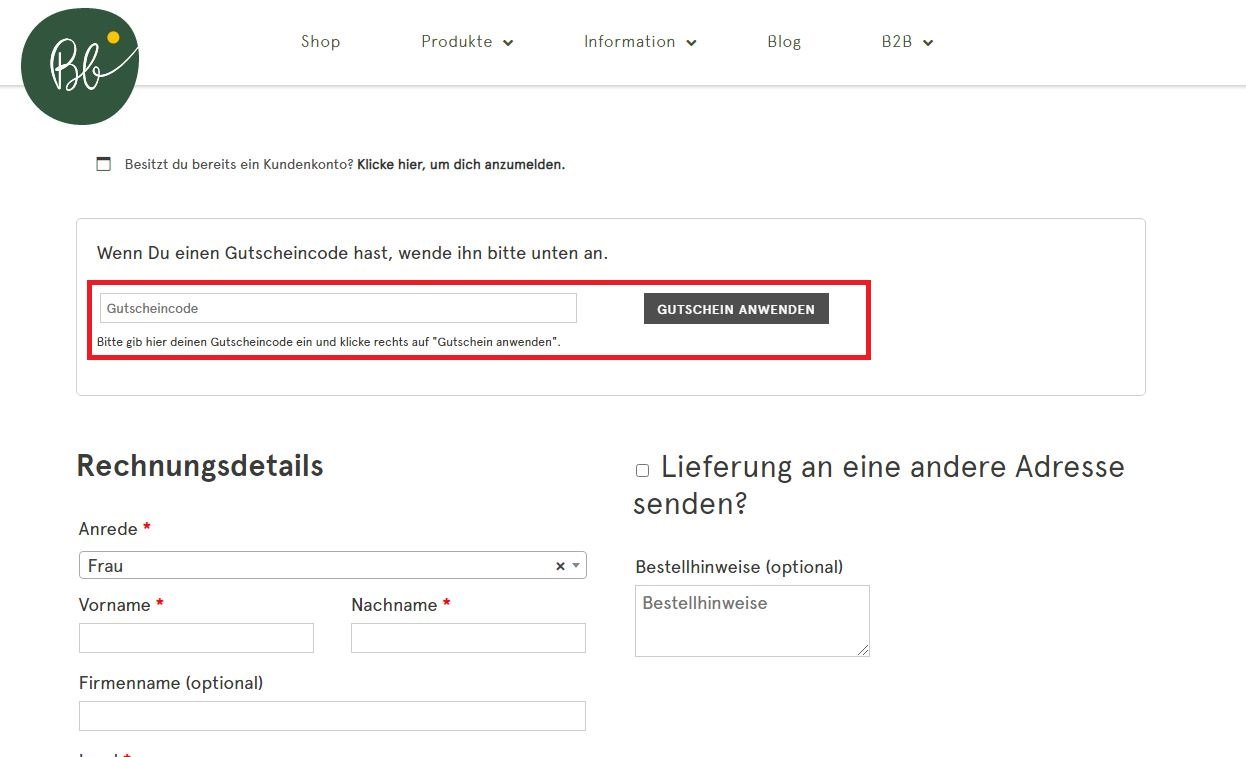 Biobloom-Gutschein im Warenkorb einlösen
