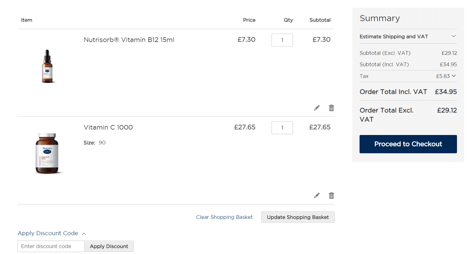 BioCare discount code application box on the online shopping basket window