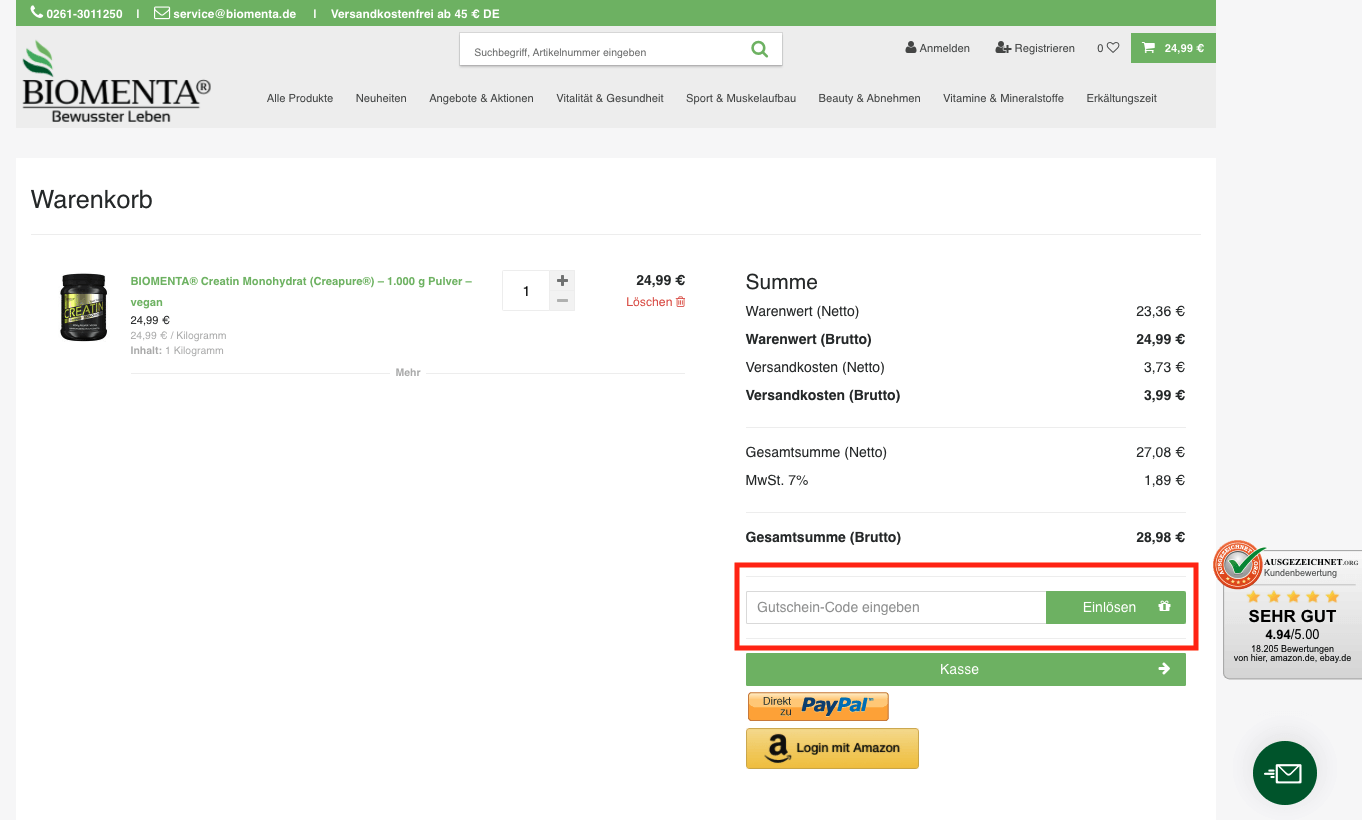 Der Warenkorb im Online-Shop. Hier kannst du deinen Biomenta-Gutscheineinfach einlösen.