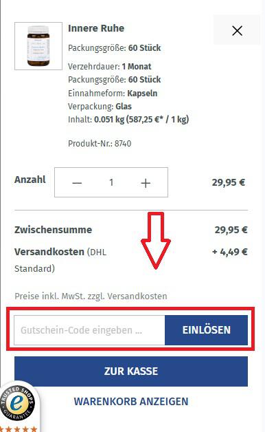 Eingabefeld für den BioProphyl-Gutschein im Warenkorb des Online-Shops