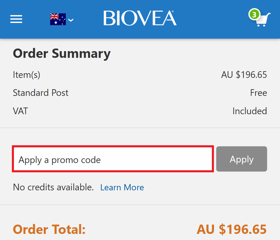 Biovea discount code box in shopping cart image