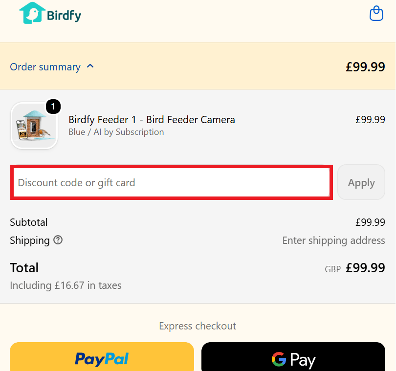 Birdfy discount redemption section on the checkout page