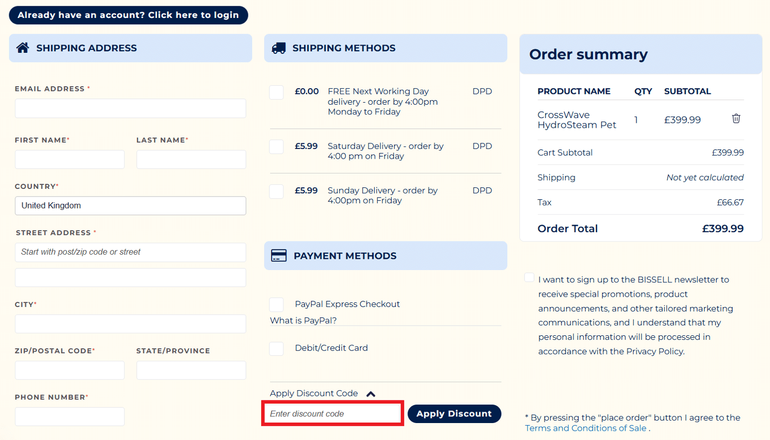 BISSELL discount code box in shopping basket