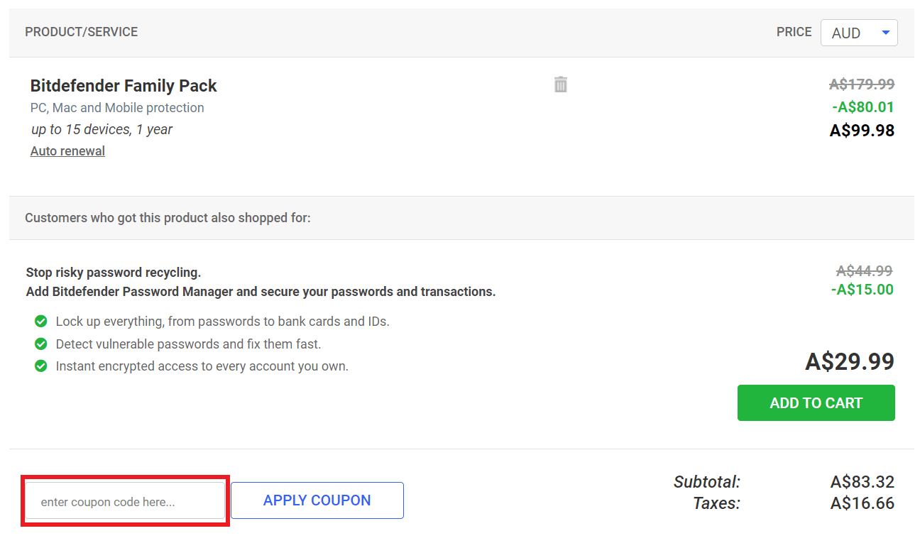 Bitdefender coupon code box during checkout