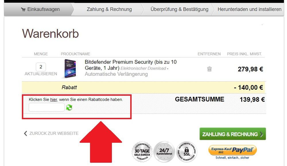 Eingabefeld für einen Bitdefender Gutschein im Online-Shop
