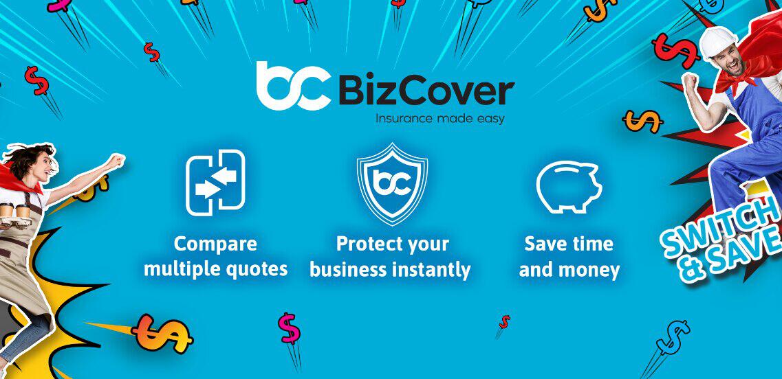 BizCover deals page banner showing some of the perks of getting small business cover alonside the company logo on a blue background