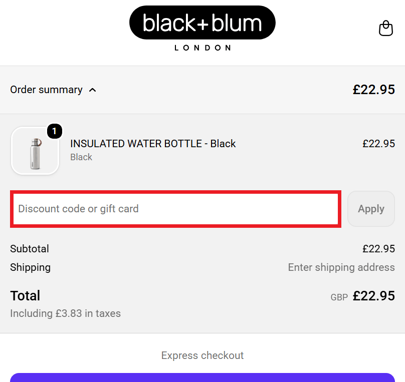 Black+Blum discount code box in shopping cart image