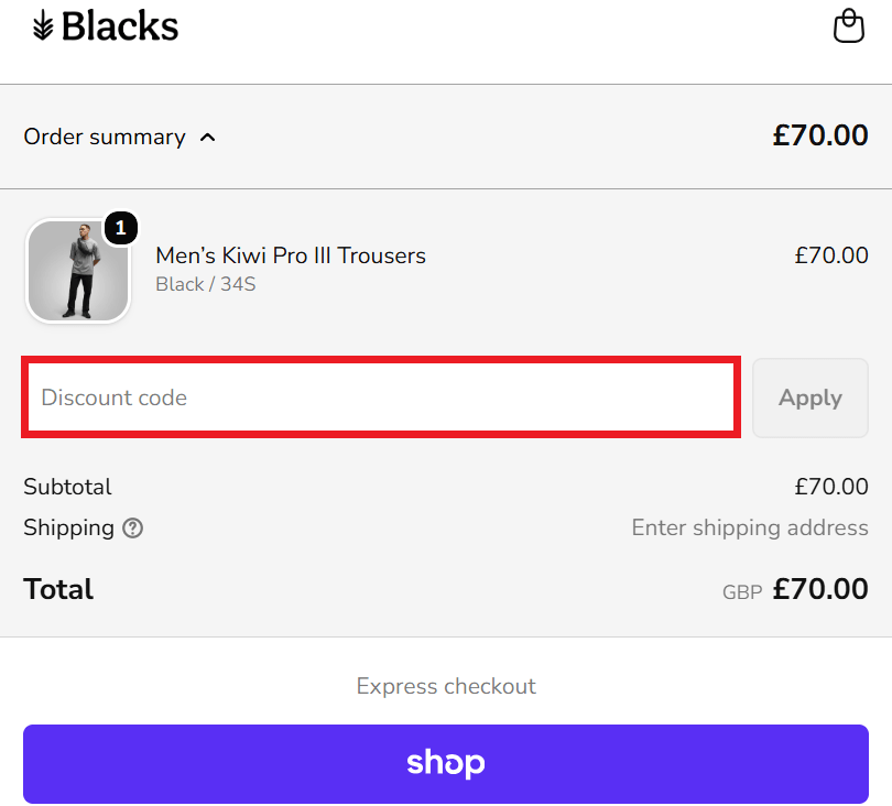 Blacks discount code redemption box image