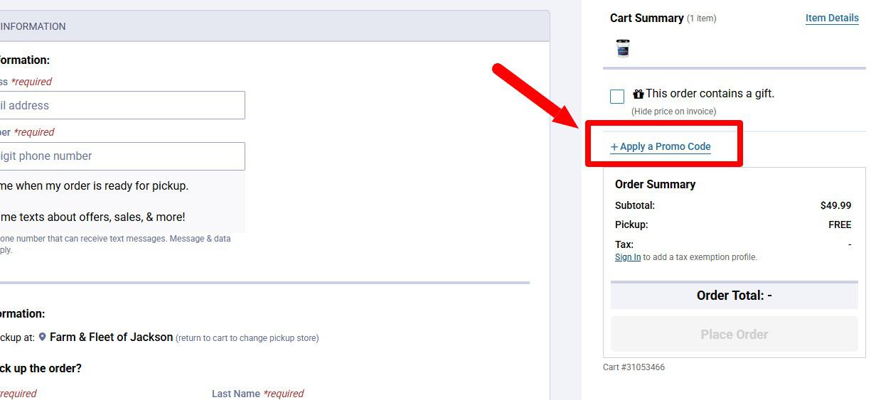 Blain&apos;s Farm & Fleet apply coupon link on checkout page