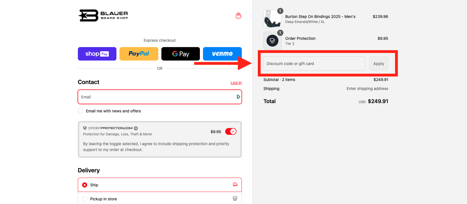 red arrow pointing to blauer board shop discount code box