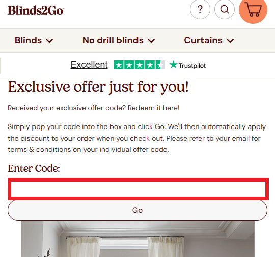 Blinds2go discount code box on rdemption landing page