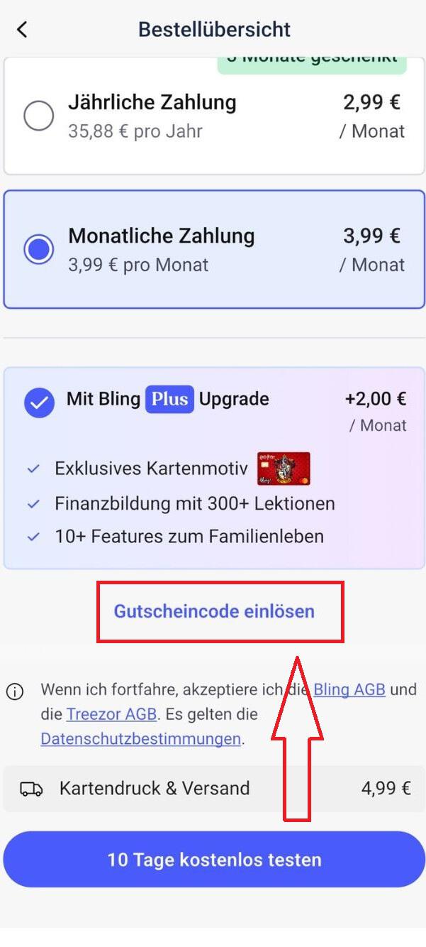 Screenshot vom Eingabefeld mit Hinweis darauf, wo du deinen Bling Gutschein einlösen kannst
