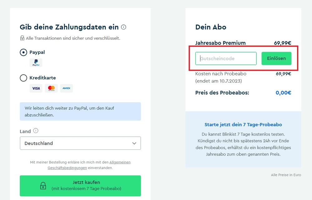 Screenshot vom Eingabefeld, wo du einen Blinkist Gutschein einlösen kannst