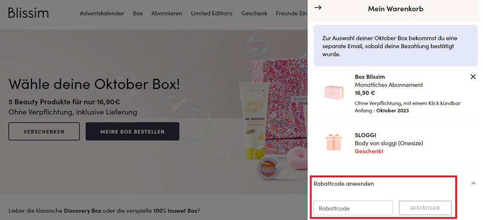 Screenshot aus dem Warenkorb mit Hinweis darauf, wo du den Blissim Rabattcode einlösen kannst