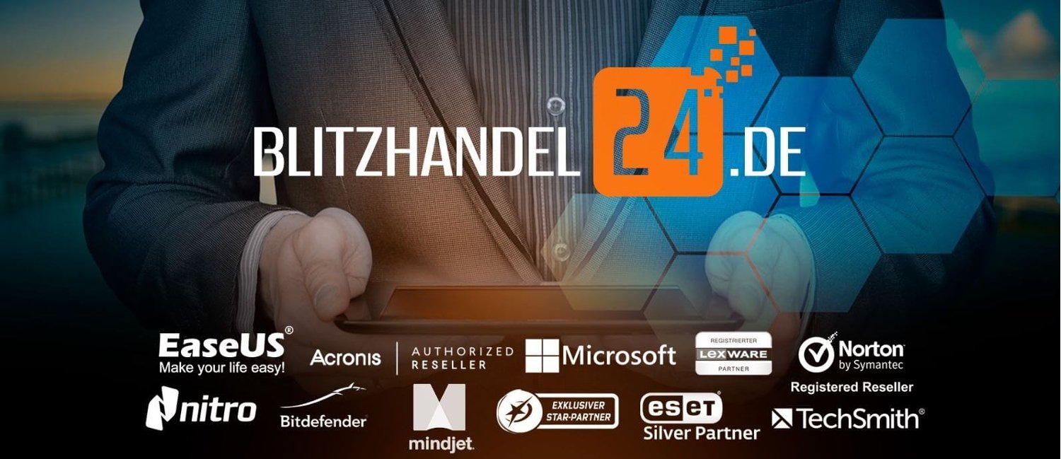 Banner für die Blitzhandel24 Gutscheinseite mit Übersicht einiger Top-Marken im Online-Shop, darunter EaseUS, Microsoft, Norton, Bitdefender, eset, TechSmith
