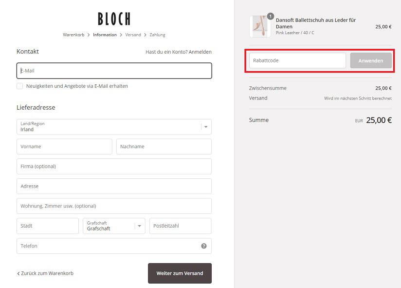 Screenshot aus dem Warenkorb mit Hinweis darauf, wo du den BLOCH Gutschein anwenden kannst