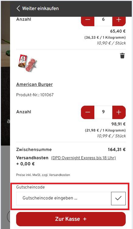 Eingabefeld für den Block House Gutscheincode im Warenkorb