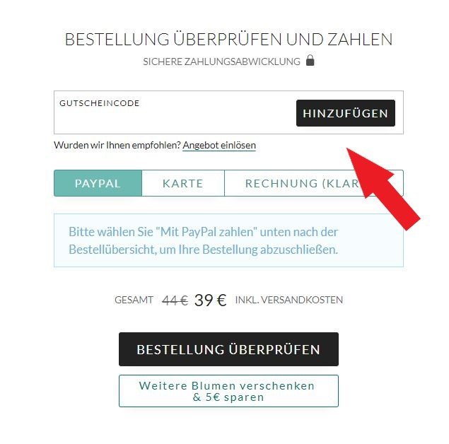 Screenshot des Eingabefeldes für Bloom & Wild Gutscheine