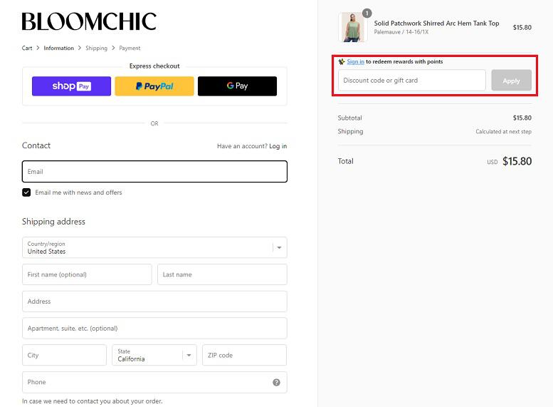 Screenshot aus dem Warenkorb mit Feld, wo du den BloomChic Gutscheincode einlösen kannst