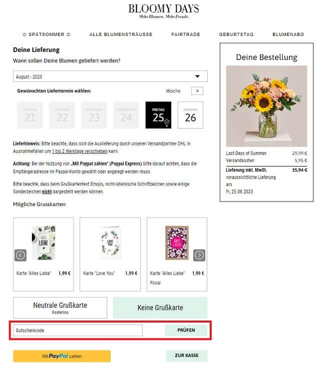 Screenshot aus dem Warenkorb mit Eingabefeld, wo sich ein Bloomy Days Gutschein einlösen lässt