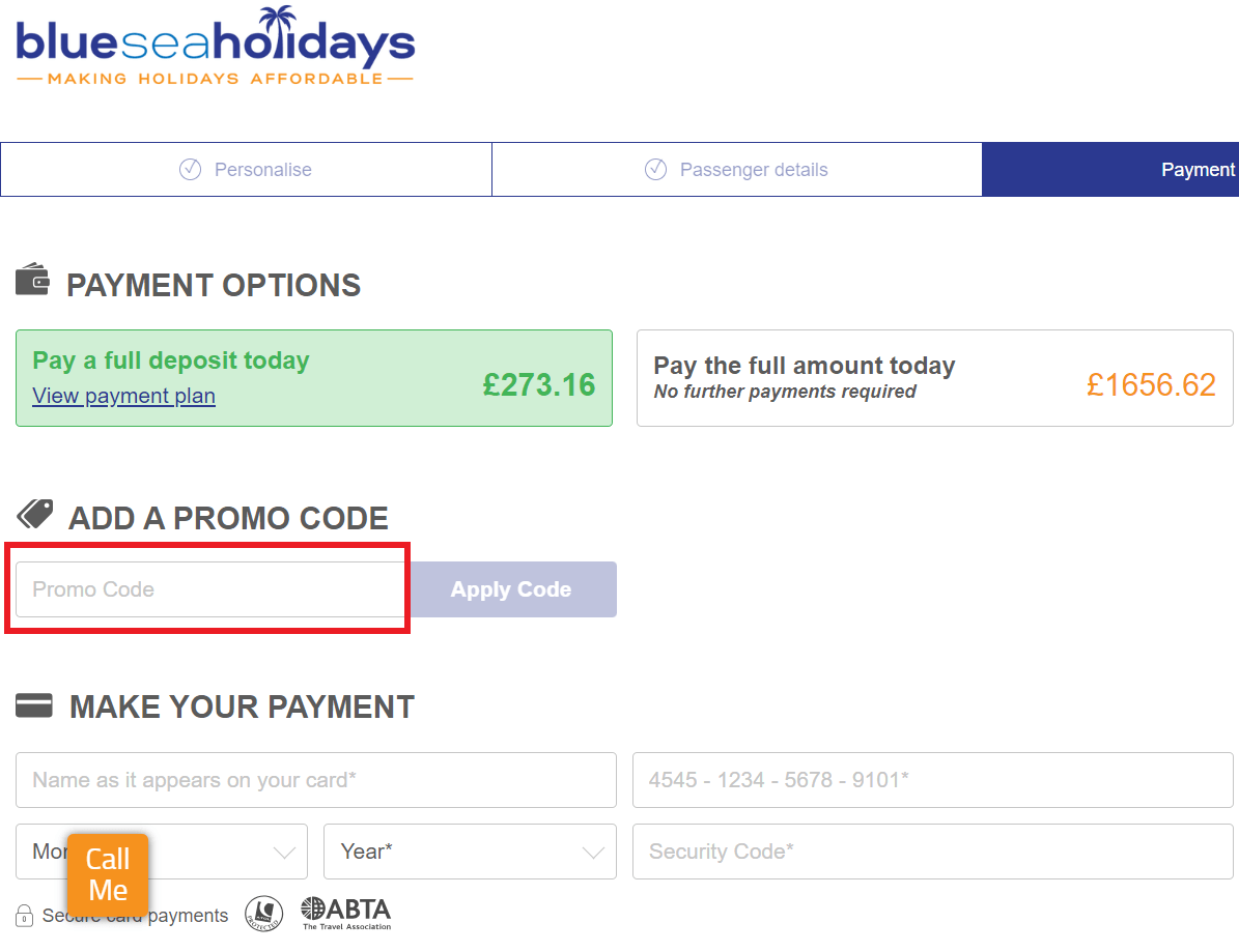 Blue Sea Holidays discount code box during booking process
