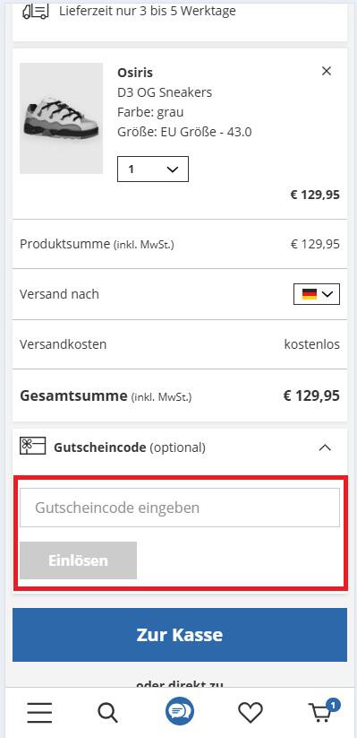 Eingabefeld für einen Blue Tomato Gutscheincode in der Warenkorbansicht